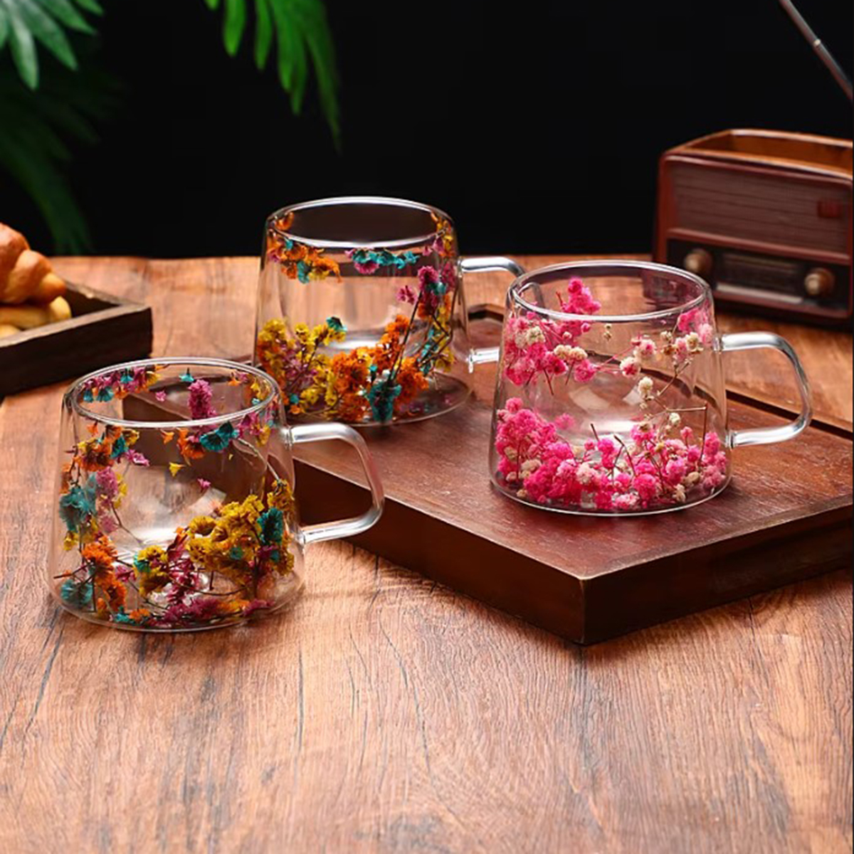 Double Layer Flower Glass Cup
